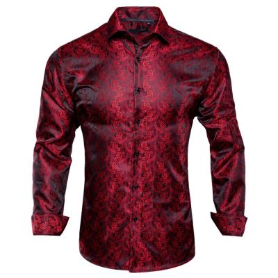 Hi-Tie 100 Silk Luxury Black Gold Embroidery Paisley Dress Shirt Men Long Sleeve Mens Casual Button-Down Shirts Outwear 2020