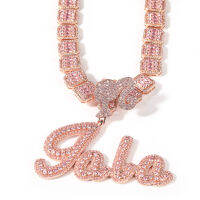 Uwin Icy Girl Hook Custom Brush Cursive Letter Name Necklace Pendant Baguettes Chain Pink Personalized Hiphop Jewelry