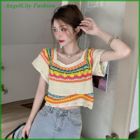 AngelCity เสื้อ Baju Crop Lengan Pendek ของผู้หญิงลายทางสไตล์โบฮีเมียนเสื้อยืดถักกลวงออกสำหรับฤดูร้อน