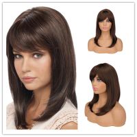 Suq Women Dark Brown Wig With Bangs Hair Synthetic Natural For Women Cosplay Heat Resistant Use Daily Wigs