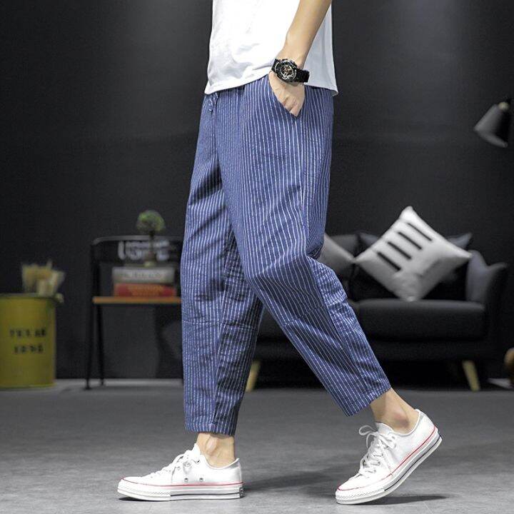 summer-mens-large-size-classic-harem-pants-3-colors-casual-fashion-stripe-drawstring-cropped-pants-linen-thin-trousers