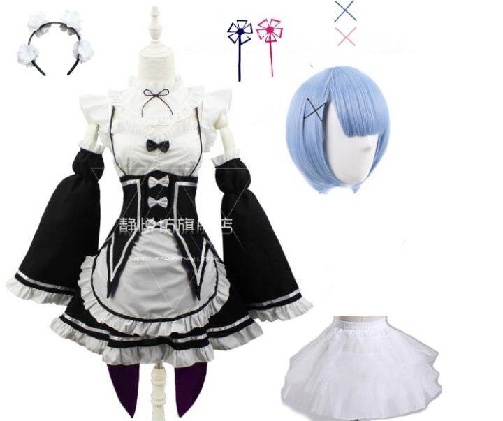 ram-rem-cosplay-re-zero-kara-hajimeru-isekai-seikatsu-black-blue-red-costume-maid-servant-dress