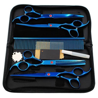 7 Inch Stainless Blue Grooming Shears Straight Scissor Thinning Shears Curved Shears Professional Pet Scissor for Dogs