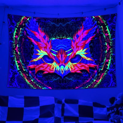 【cw】Black Light Art Tapestry UV Backdrop Owl Mushroom Psychedelic Wall Hanging Hippie All Decor for Bedroom Dorm Indie Room Décor