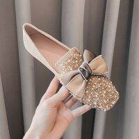 HOT★คริสตัล Studded ลูกไม้โบว์หนังนิ่มผู้หญิงสแควร์ Toe Soft ด้านล่าง Ballerina รองเท้า41-43ขนาดใหญ่ลูกปัดมุก glitter Loafers