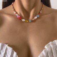 【CW】❆  Baroque Simulated Pearls Flowers Colorful Hand-woven Beaded Short Clavicle Chain Choker Necklace Jewelry