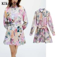 Klkxmyt Za 2021 Women Vintage Long Sleeve O Neck Floral Print Bow Sashes Shirt Mini Dress Female Chic Slim Button-up Vestidos