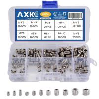 AXK 200Pcs Allen Head Socket Hex Set Grub Screw Assortment Cup Point Stainless Steel M3/M4/M5/M6/M8 With Plastic Box