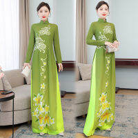 6968เวียดนาม Ao Dai Cheongsam Performance Retro Slim Dress ชุดสองชิ้นเมฆมงคลและดอกไม้สีเหลือง