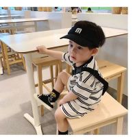 【Ready】? Boys summer suit summer new baby boy fashion short-sleeved striped polo shirt two-piece suit trendy