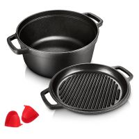 Pre-Seased Cast Iron 2-In-1 Heavy-Duty 5.5qt Dutch Oven พร้อมชุดฝาปิดกระทะ เตาอบ กริล เตาอบ บาร์บีคิว และอินดิวชั่นเซฟ หม้อเหล็กหล่อ 26 ซม.