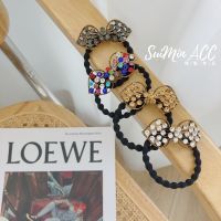 [COD] Korean version of rhinestone seamless hair ring bow high elastic rubber band retro trendy head flower