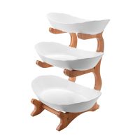 3 Tiers Fruit Plate with Wood Holder Snacks Candy Plate Kitchen Organizer Rack Party Food Serving Display Tray