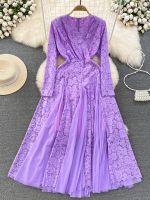 Spring Autumn Women Mesh Patchwork Lace Long Dress Vintage V-Neck A-Line Elegant Party Maxi Robe Purple/White/Green Vestido New Barware