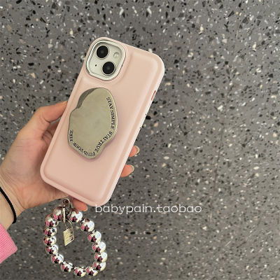 เคสสีชมพูอ่อนโยนสำหรับ iPhone14promax ขาตั้งกระจกคลื่นสเตอริโอสำหรับ iPhone13 ซิลเวอร์ลูกปัดสตริงกรณีโทรศัพท์สำหรับ iPhone12 เคสโทรศัพท์มือถือแฟชั่นเกาหลีสำหรับ iPhone11pro