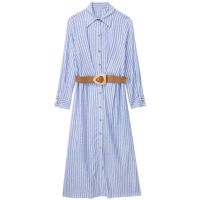 European and American style new womens linen blend belted striped shirt dress 3270526 044