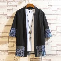 [COD] Chinese style summer new mens and linen stitching three-quarter sleeve Hanfu retro cardigan robe factory wholesale