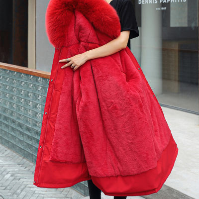 เสื้อคลุมยาวขนปักเป้าพร้อมฮู้ดสำหรับผู้หญิงของขวัญปีใหม่เสื้อ Parka ฤดูหนาว