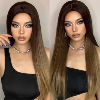 ALAN EATON Long Silky Straight Wigs Ombre Dark Brown Synthetic Wigs for Women Middle Part Daily Cosplay Party Heat Resistant