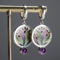 New Trendy Colorful Flower Pattern Drop Earrings Ladies Creative Jewelry Round Metal Purple Stone Statement Earrings Gift