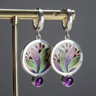 New Trendy Colorful Flower Pattern Drop Earrings Ladies Creative Jewelry Round Metal Purple Stone Statement Earrings Gift