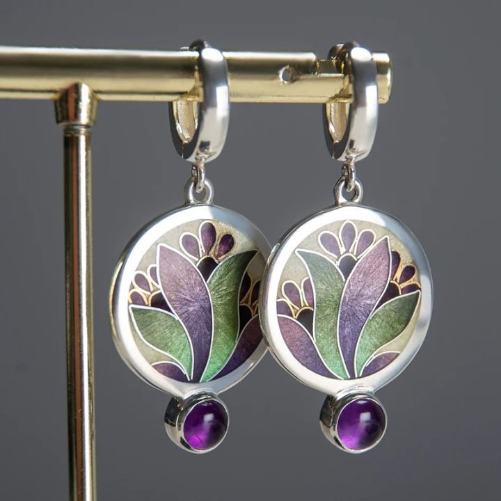 new-trendy-colorful-flower-pattern-drop-earrings-ladies-creative-jewelry-round-metal-purple-stone-statement-earrings-gift