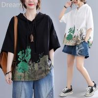 Large size womens summer new half sleeve top loose ink printed hooded drawstring short sleeve t-shirt V729