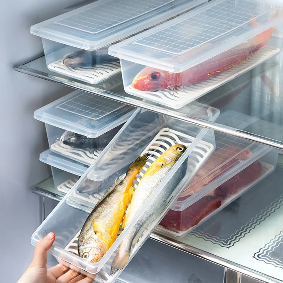 1pc Kitchen Fridge Storage Box For Fish Meat, With Lid, Plastic