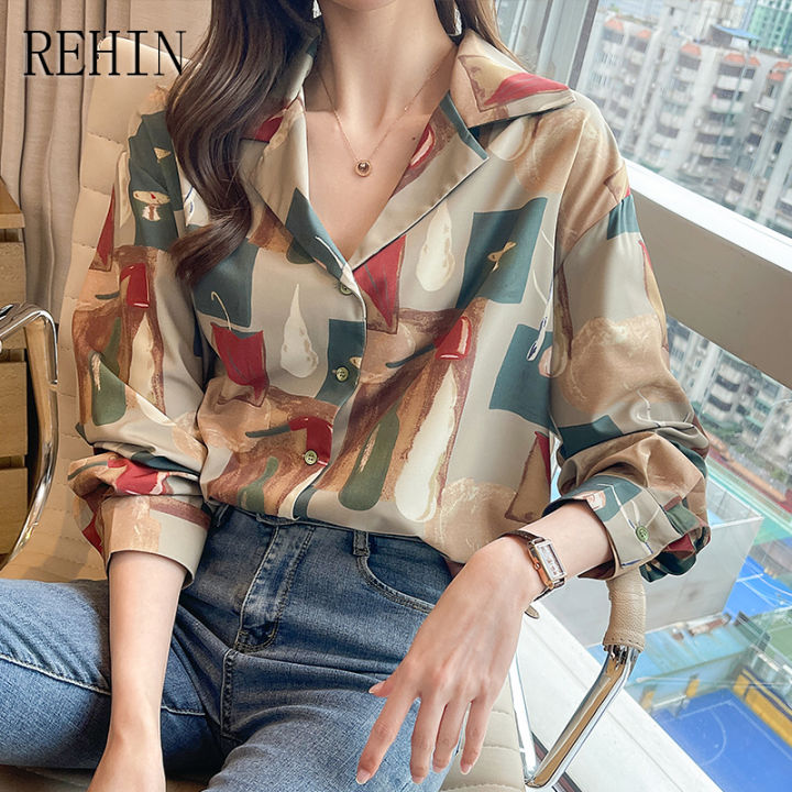 rehin-เสื้อผู้หญิงแฟชั่นใหม่ฤดูใบไม้ผลิวินเทจฮ่องกงพิมพ์ลายเสื้อแขนยาว