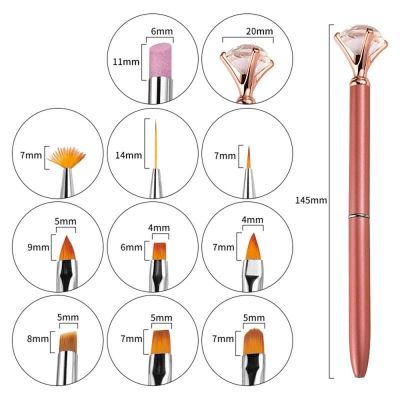 10 In 1 Changeable Rhinestone Nail Art Brush Pen With Replaceable Brushes Nail Painting Drawing Nail Brush Nail Manicure Pen Set