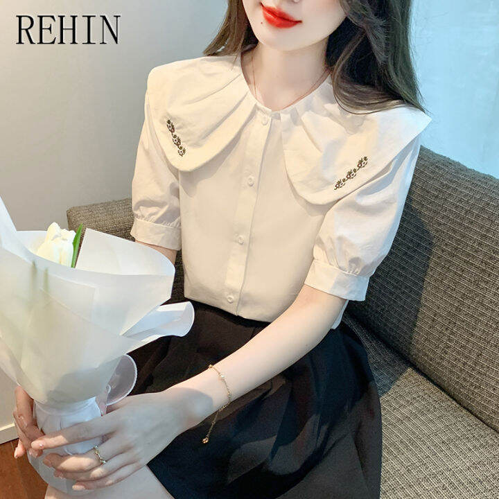 rehin-ตุ๊กตาเสื้อแขนสั้นเสื้อสตรีแฟชั่นอินเทรนด์-ใหม่ฤดูร้อนสวยขนาดเล็กปักเรียบง่ายชิค