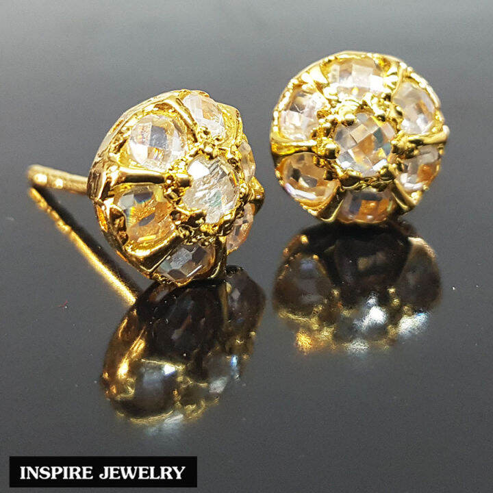 inspire-jewelry-ต่างหูเพชร-ยกยอด-รูปดอกไม้-ตัวเรือนหุ้มทองแท้-100-24k-สวยหรู-พร้อมกล่องทอง