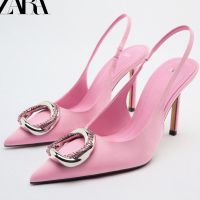 【high quality】original ZaraˉNew summer womens shoes rose red ornaments inlaid temperament high-heeled mules 1203010 050