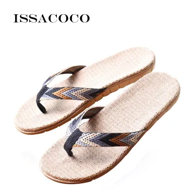 ISSACOCO Mens Linen Flip Flops Striped Ribbon Sandals Flat EVA Non-Slip Linen Slides Home Slippers Man Casual Straw