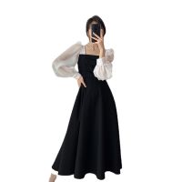 Stock Long Sleeve Dress Women New Style Splicing Square Collar French Skirt Retro Mesh Dress