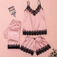 [COD] Wholesale new and imitation silk black home clothes two-piece set comfortable lace pajamas