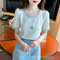 COD dsdgfhgfsdsss [Spot] 2023 new summer clothes fashion aging contrast color short-sleeved T-shirt womens casual versatile top beautiful Western style small shirt