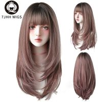 7JHH Synthetic Wigs Long Straight Pink Brown Hair Top Dyed Black Omber Wigs With Bangs For Women Fashion Heat Resistant Wigs