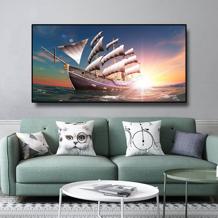 40x80CM Sunrise Sailing Boat Seascape Picture Modern Wall Art Canvas