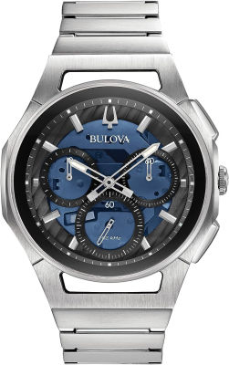 Bulova Mens Curv Chronograph Silver-Tone Stainless Steel Bracelet Watch