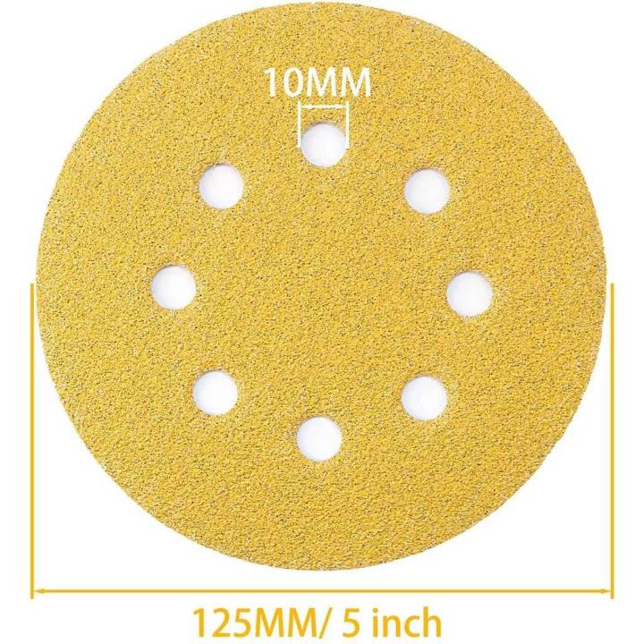 กระดาษทรายกลม-5นิ้ว-8รู-กระดาษทรายขัด-แผ่นขัด-แผ่นกระดาษทรายขัด-กระดาษทราย-กลมหลังขน-กระดาษทรายกลมหลังสักหลาด-สีเหลือง-งานดี