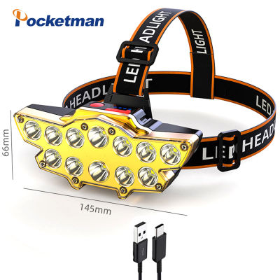 Lumens Powerful Headlamp USB Rechargeable Head Lamp 12 LED Headlight Waterproof Head Torch Lantern with built in battery
