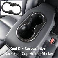 For Tesla Model 3 Model Y Real Dry Carbon Fiber Back Rear Seat Cup Holder Sticker Cover Panel Trim Car Decoration Modification