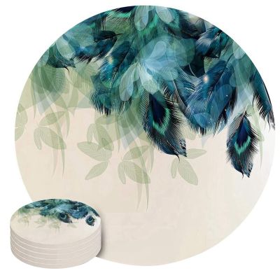 Coasters for Drinks Absorbing Round Coaster with Cork Base,Peacock Feather Teal Floral Green Leaf Coffee Table Coasters