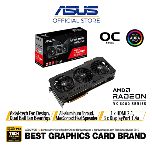 ASUS TUF Gaming Radeon™ RX 6700 XT OC Edition 12GB GDDR6 Graphics Card, Axial-tech fan design, Dual ball fan bearings, MaxContact heat spreader, vented backplate