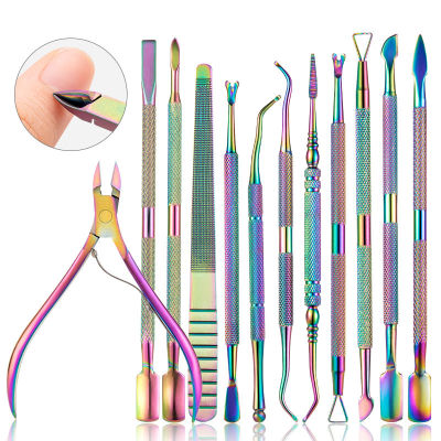 Lusluking 11 Style Rainbow Stainless Steel Nail Cuticle Pusher Tweezer Nail Art Files UV Gel Polish Remove Manicure Care Groove Clean Tool