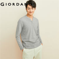 Giordanoผู้ชาย ผ้าฝ้ายสีทึบ เฮนรี่คอปกแขนยาวเสื้อยืด Free Shipping 13022893