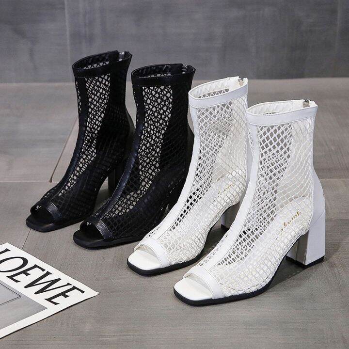 ขายดีที่สุด-ioztt2023-fashion-mesh-sandals-mouth-short-tube-high-heeled-hollow-breathable-toe-2023-new