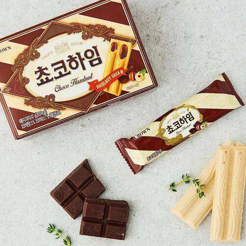 ขนมเกาหลี-crown-choco-heim-hazelnut-บิสกิตสอดไส้ช็อกโกแลตเฮเซลนัท-47g-142g