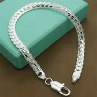 925 Sterling Silver Classic Flat Sideways Chain Bracelets For Women Mens Fashion Party Wedding Jewelry Gifts Pulseras